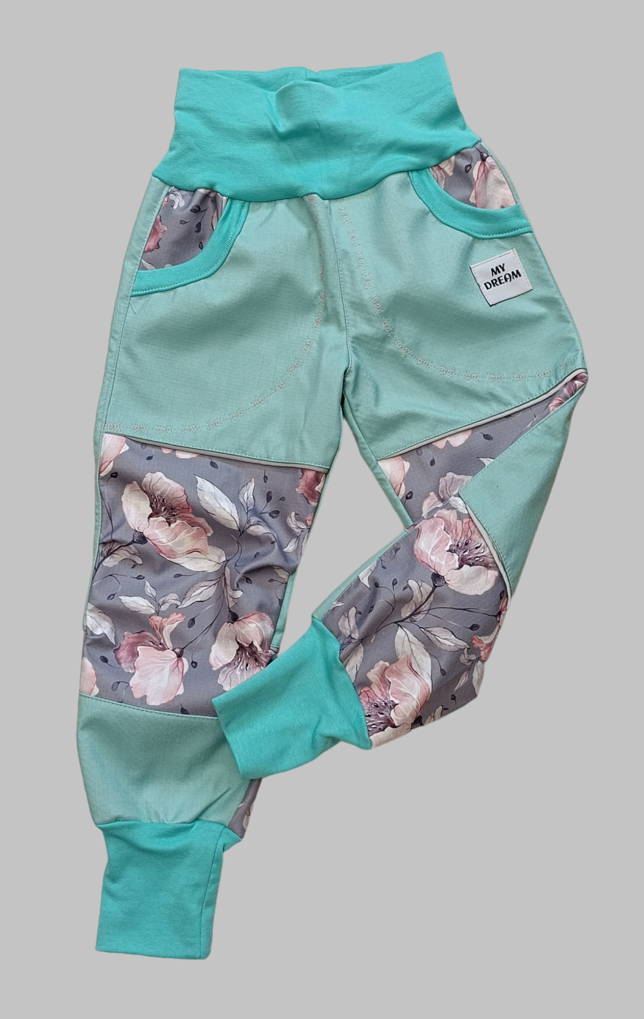 KALHOTY celoroční květy na šedé +mint  vel. 104